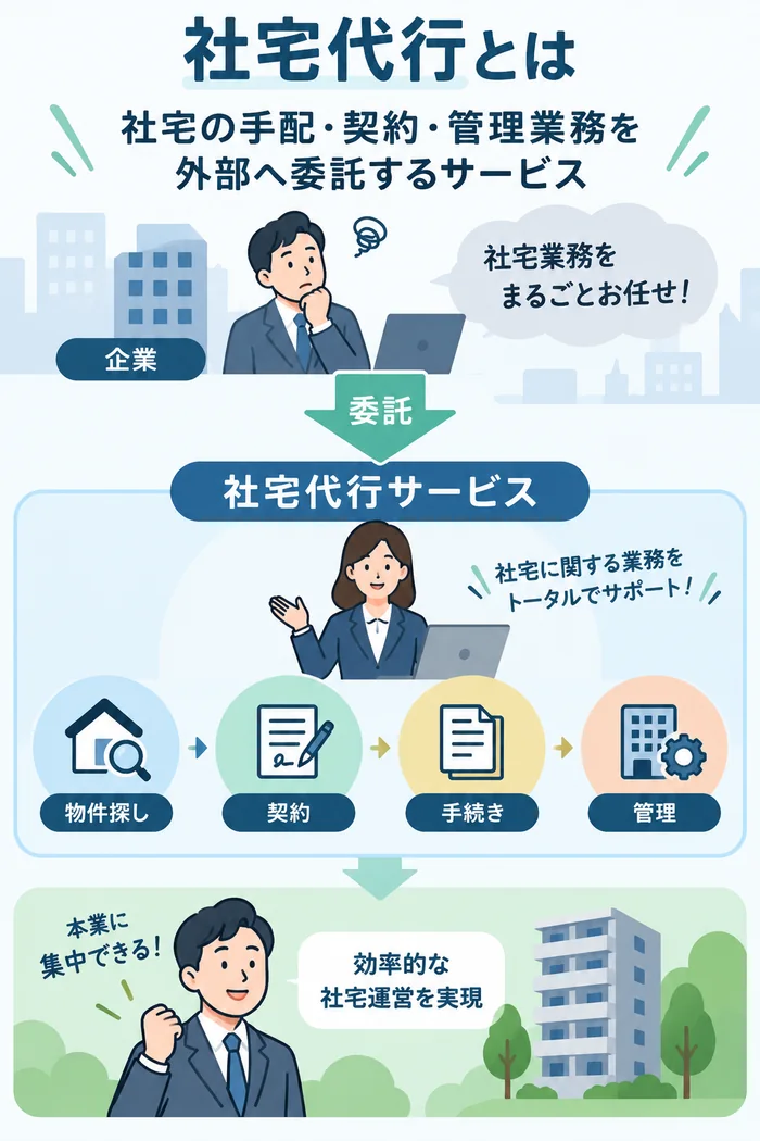 社宅代行とは、社宅の手配・契約・管理業務を外部へ委託するサービス