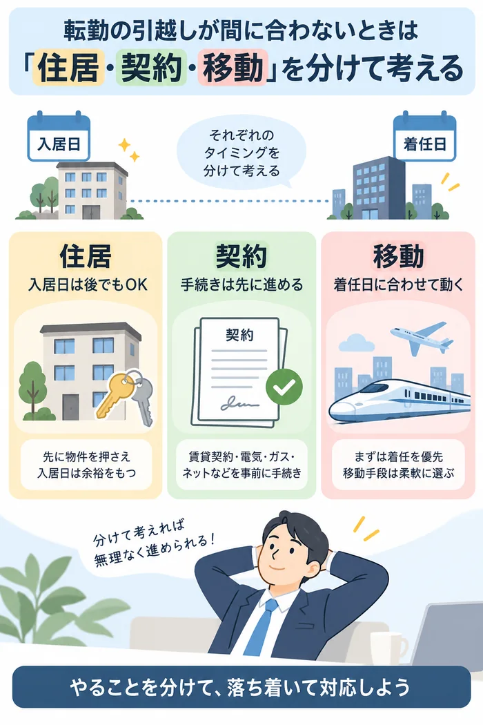 転勤の引越しが間に合わないときは「住居・契約・移動」を分けて考える