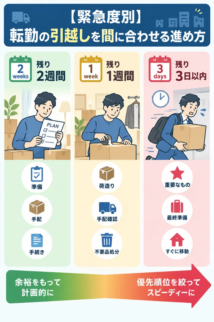 【緊急度別】転勤の引越しを間に合わせる進め方
