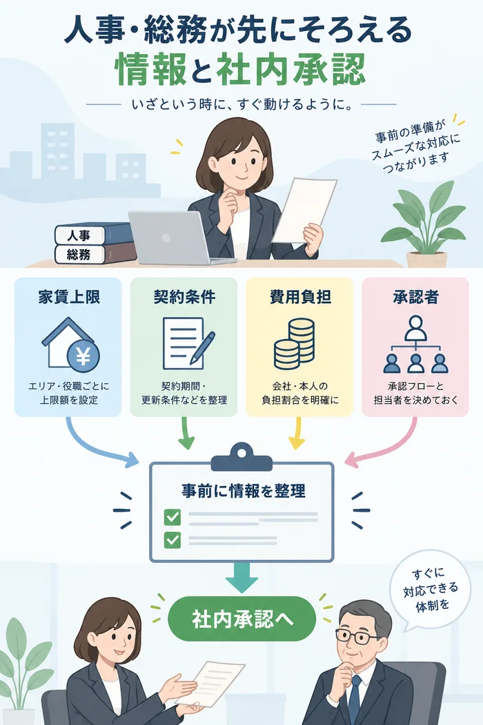 人事・総務が先にそろえる情報と社内承認