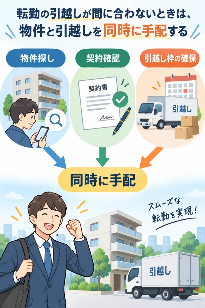 転勤の引越しが間に合わないときは、物件と引越しを同時に手配する